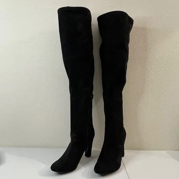 Unisa Black Faux Suede Over-The-Knee Boots With Side Zipper & Drawstring - Picture 3 of 12